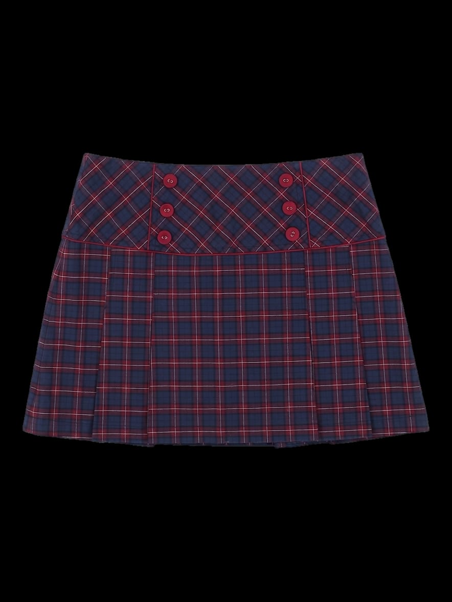 네이비 레드 체크 플리츠 스커트