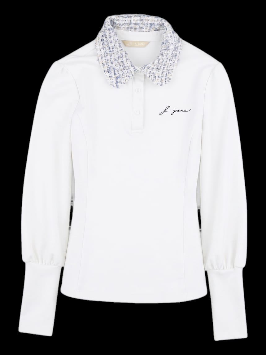 화이트 트위드 카라 긴팔 폴로 티셔츠