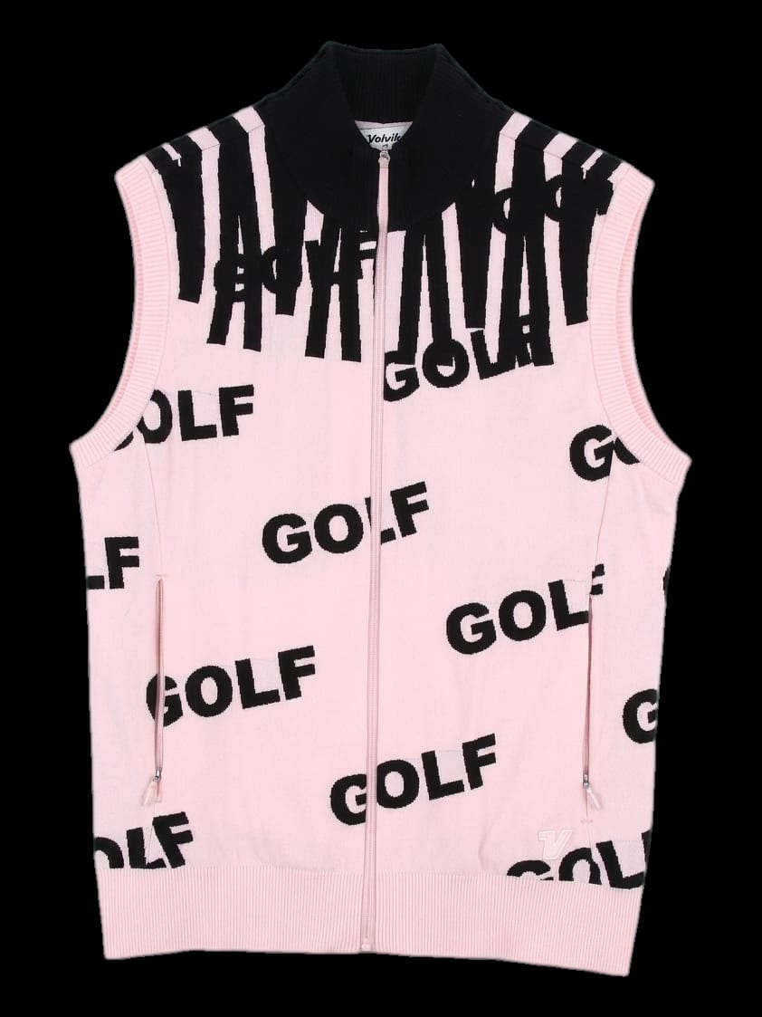 핑크 GOLF 레터링 올오버 패턴 풀지프 니트 베스트