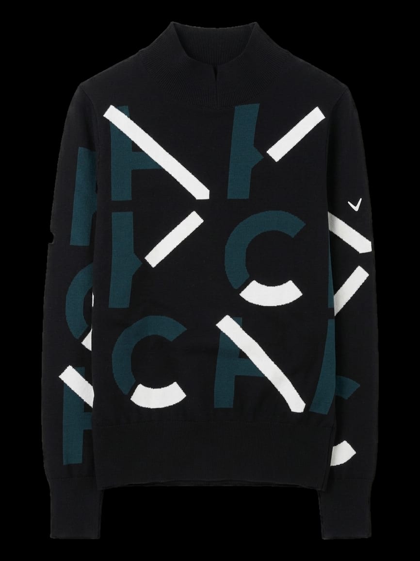 블랙 기하학 패턴 목넥 긴팔 니트