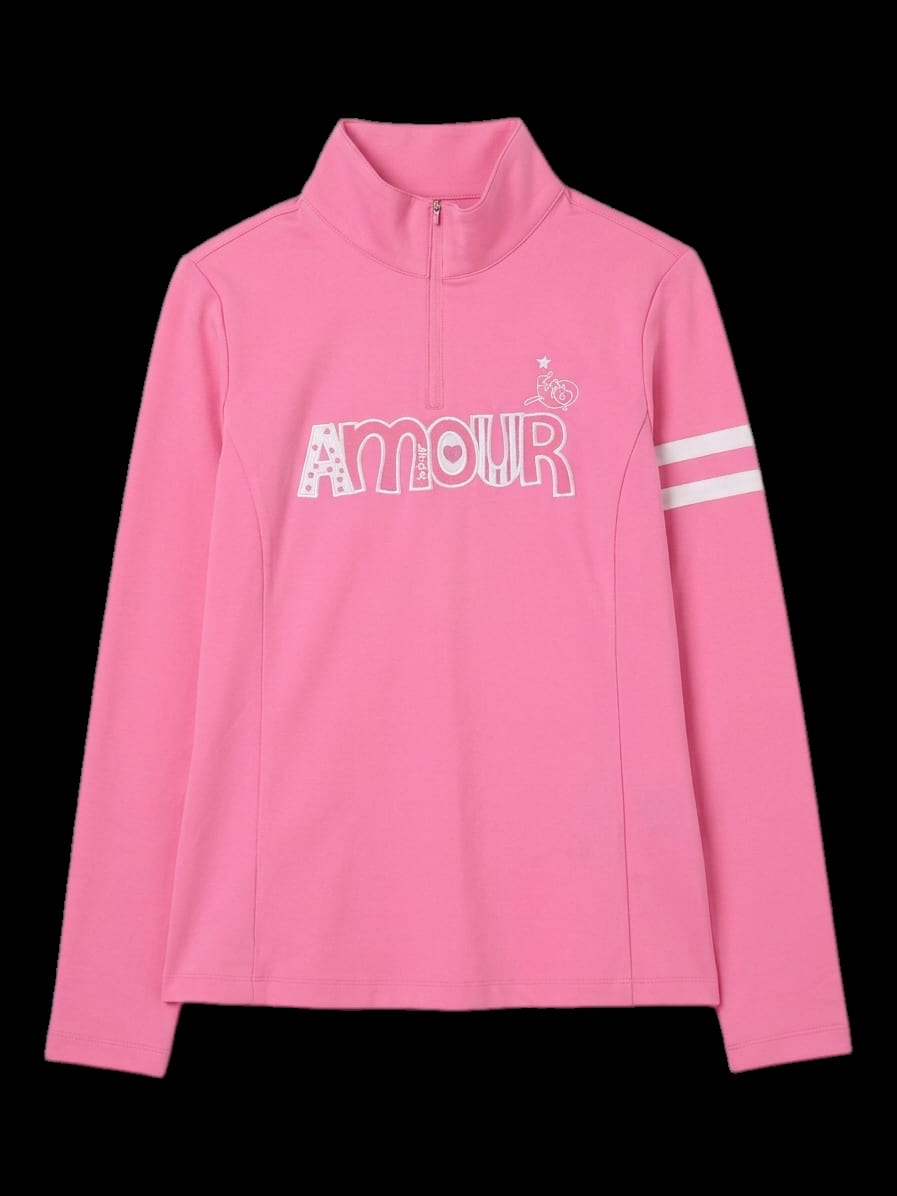 핑크 AMOUR 그래픽 하프집업 긴팔 카라 티셔츠
