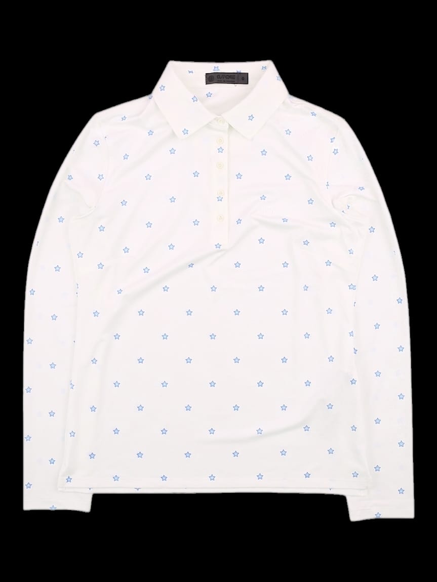 화이트 올오버 스타 프린트 긴팔 카라 티셔츠