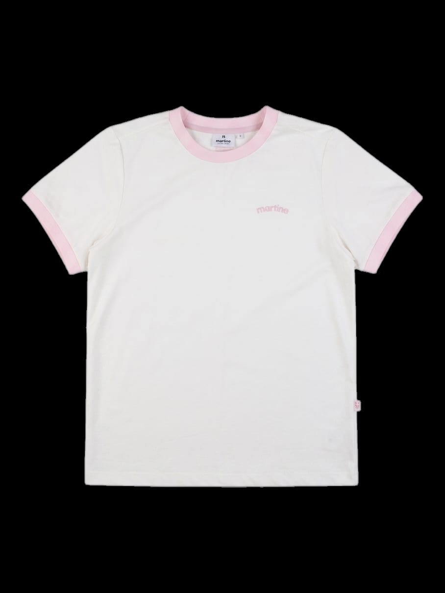 화이트 핑크 배색 로고 반팔 티셔츠