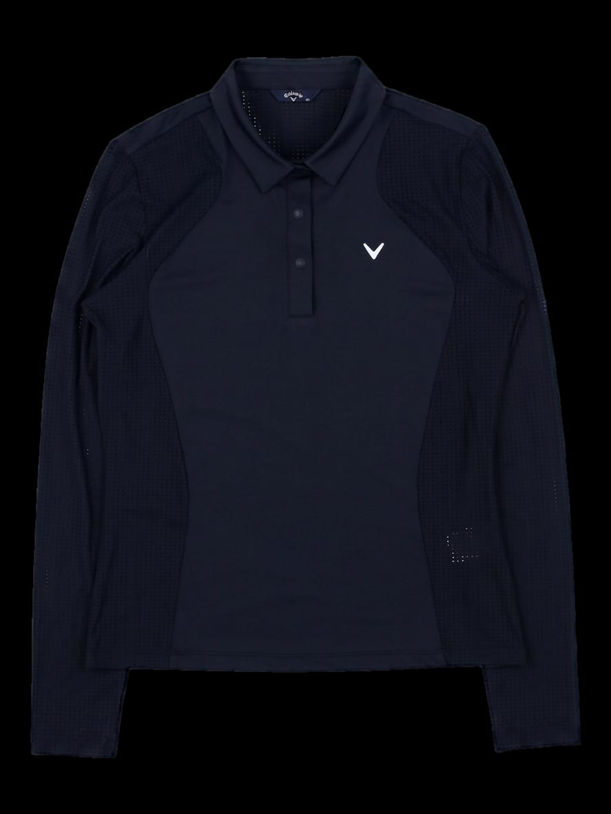 블랙 메쉬 패널 긴팔 카라 티셔츠