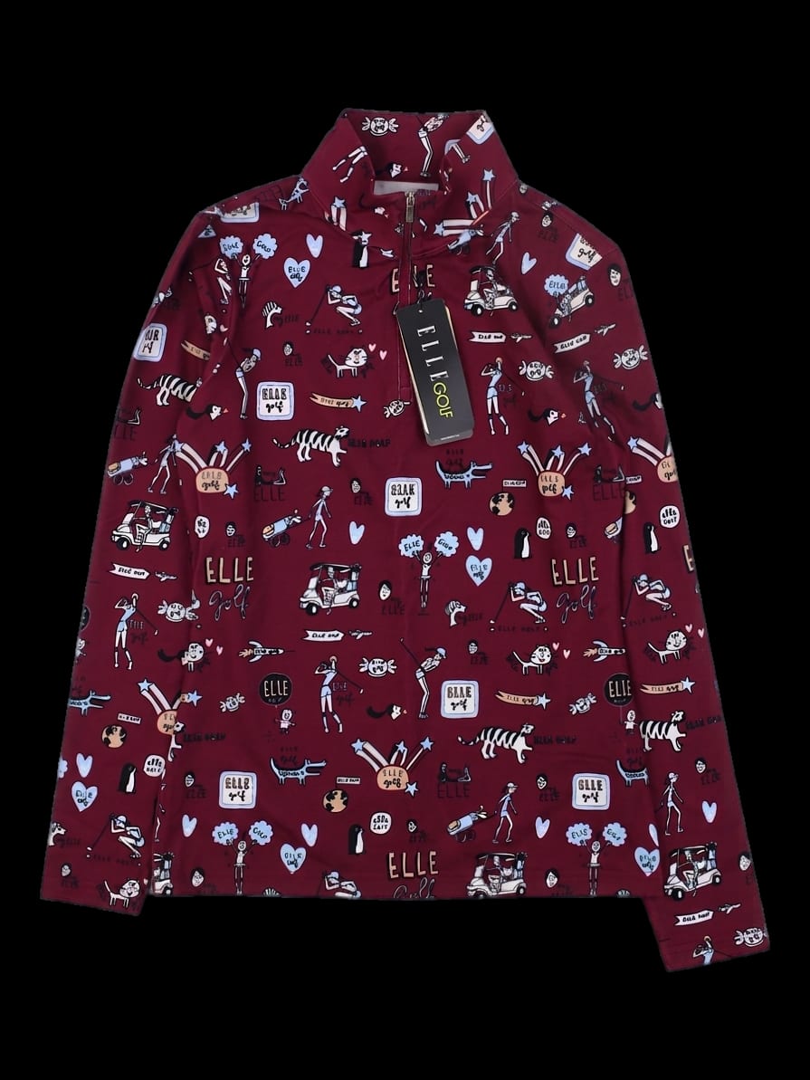 와인 골프 일러스트 전면 패턴 하프 집업 긴팔 티셔츠