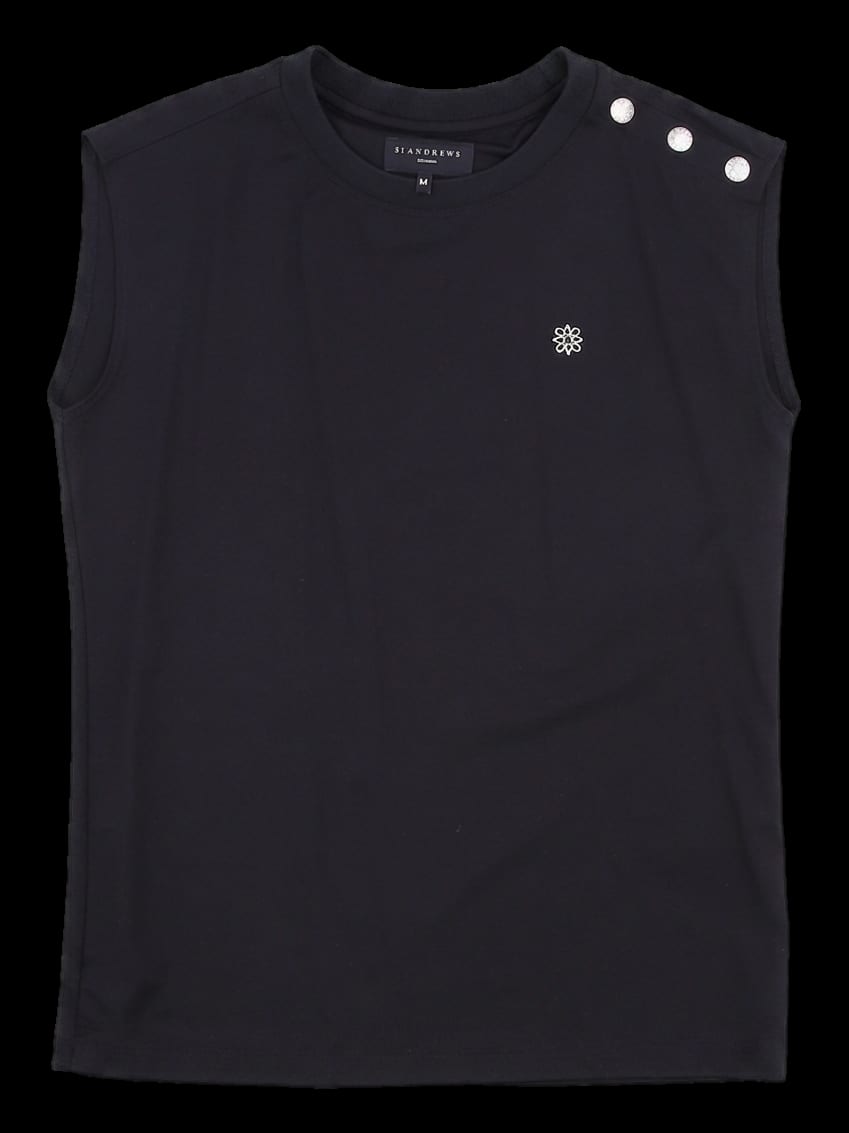 블랙 어깨 단추 포인트 민소매 티셔츠