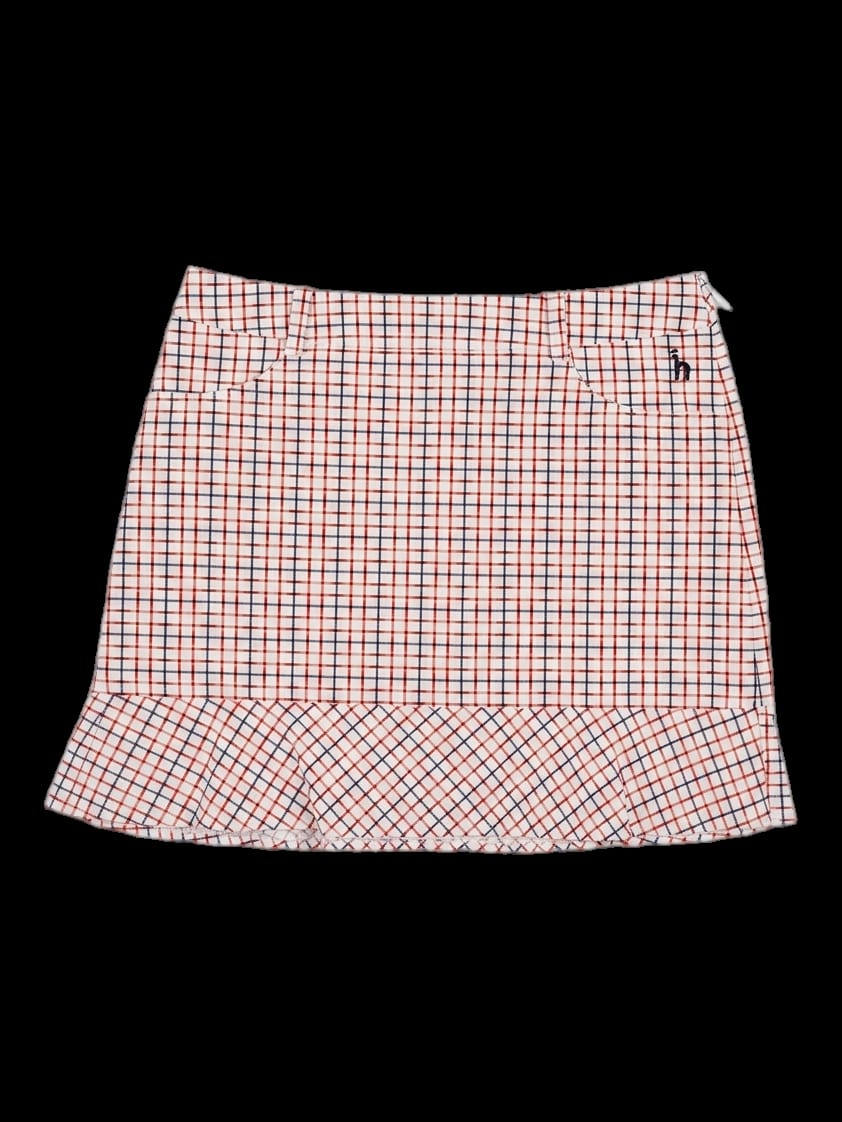 화이트 오렌지 네이비 체크 프릴 스커트