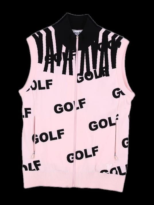 핑크 GOLF 레터링 올오버 패턴 풀지프 니트 베스트
