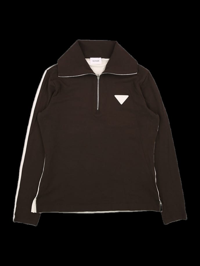 브라운 배색 하프 집업 긴팔 티셔츠