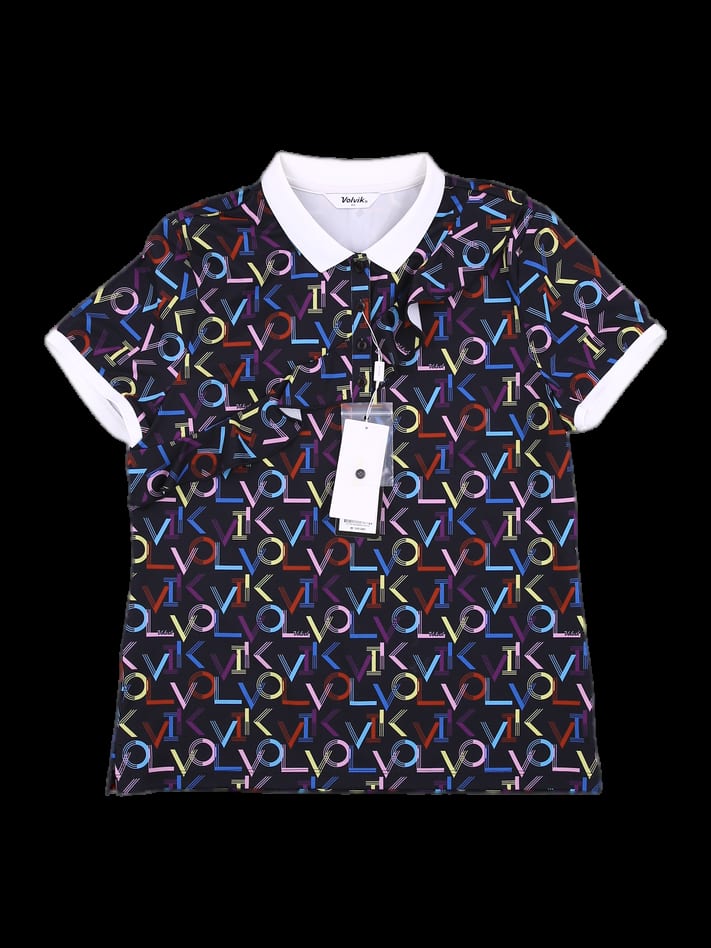 블랙 멀티 컬러 레터링 로고 반팔 카라 티셔츠