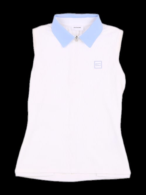 아이보리 블루 배색 반집업 민소매 티셔츠