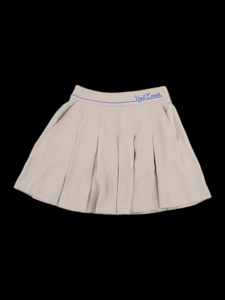 베이지 로고 자수 플리츠 스커트