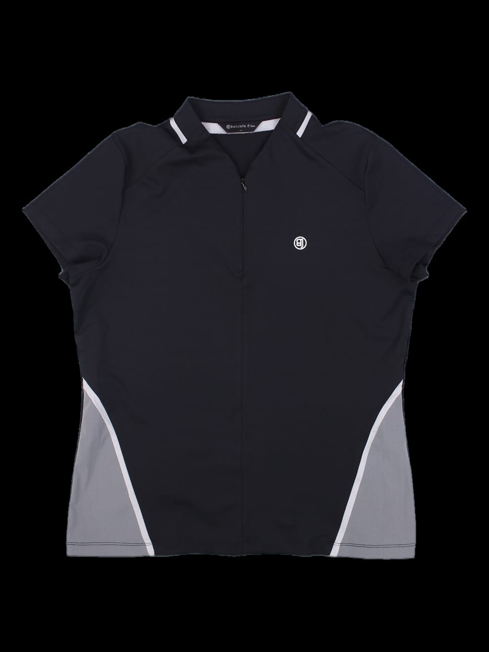 블랙 배색 반팔 반지퍼 카라티