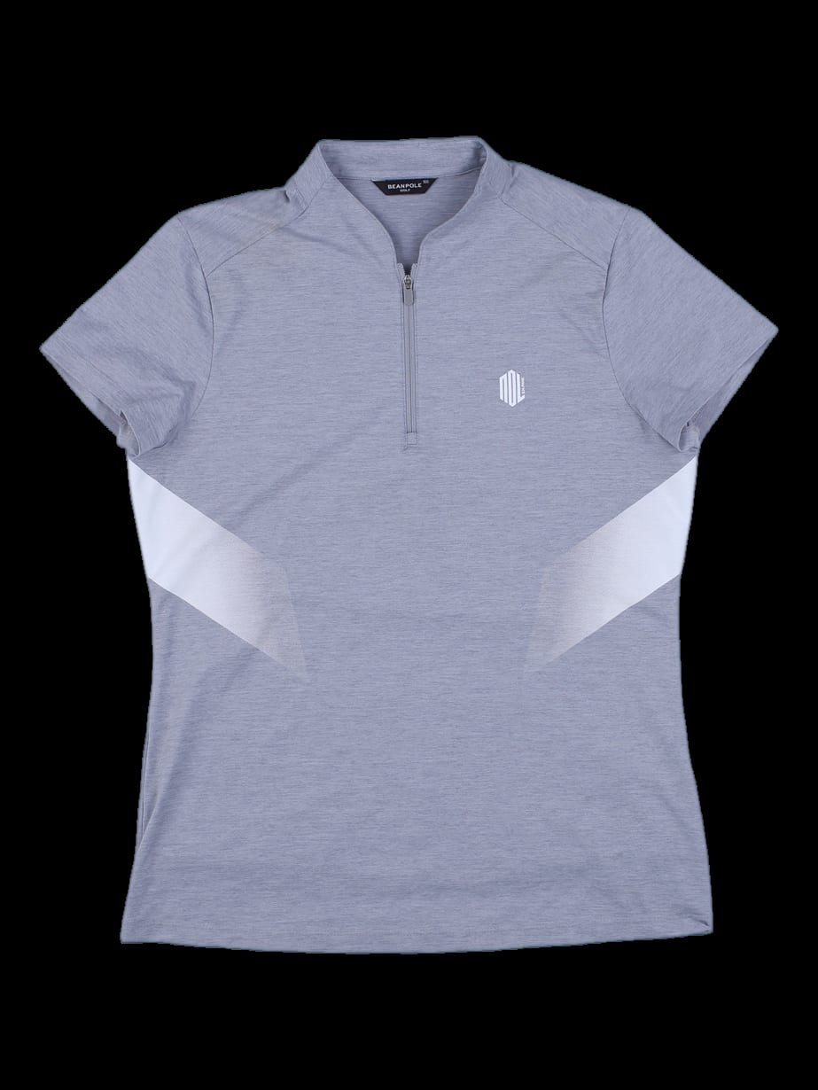 그레이 멜란지 사이드 블록 반팔 하프 집업 카라티