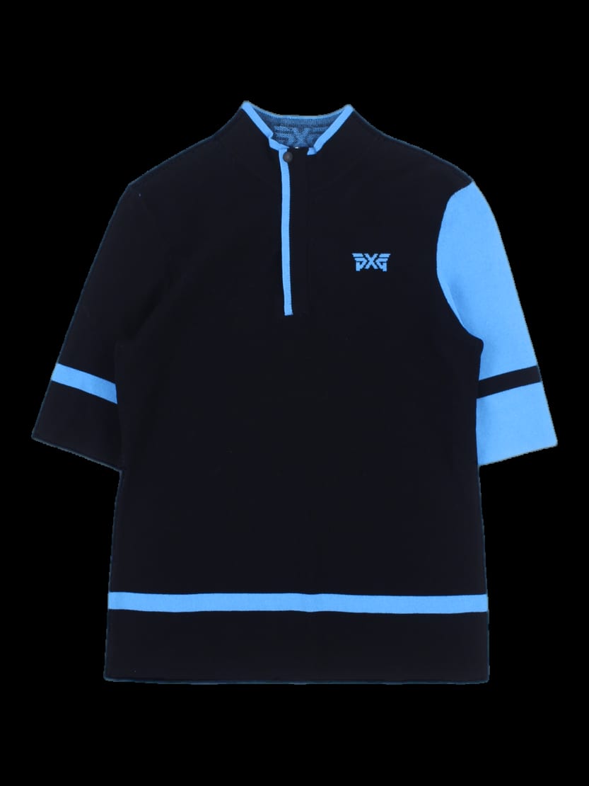 블랙/블루 컬러블록 하프 지퍼 긴팔 니트