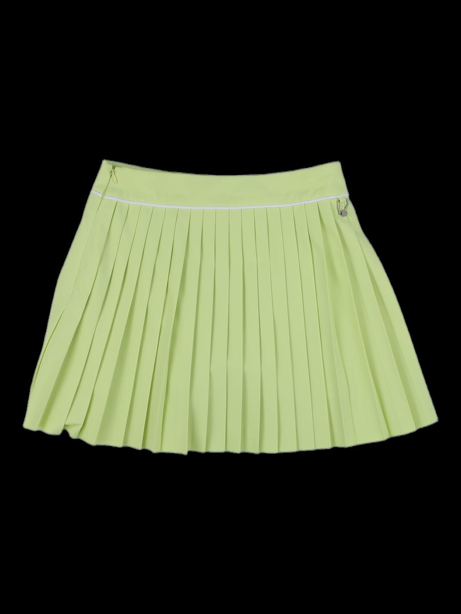 연두색 로고 웨이스트 밴드 비대칭 플리츠 스커트
