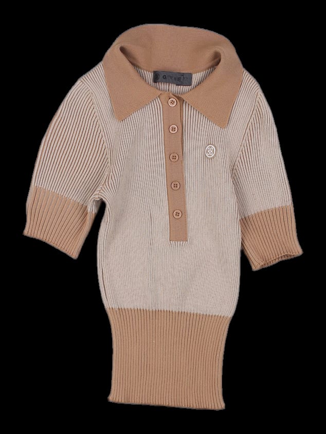 베이지 컬러 배색 슬림핏 골지 니트 반팔 카라티