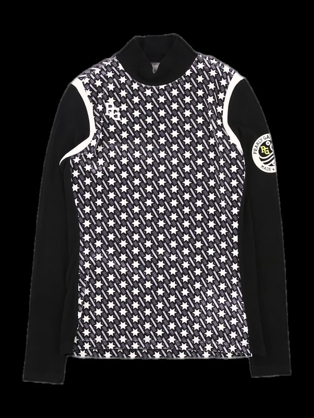 블랙/화이트 스타 패턴 긴팔 하이넥 티셔츠