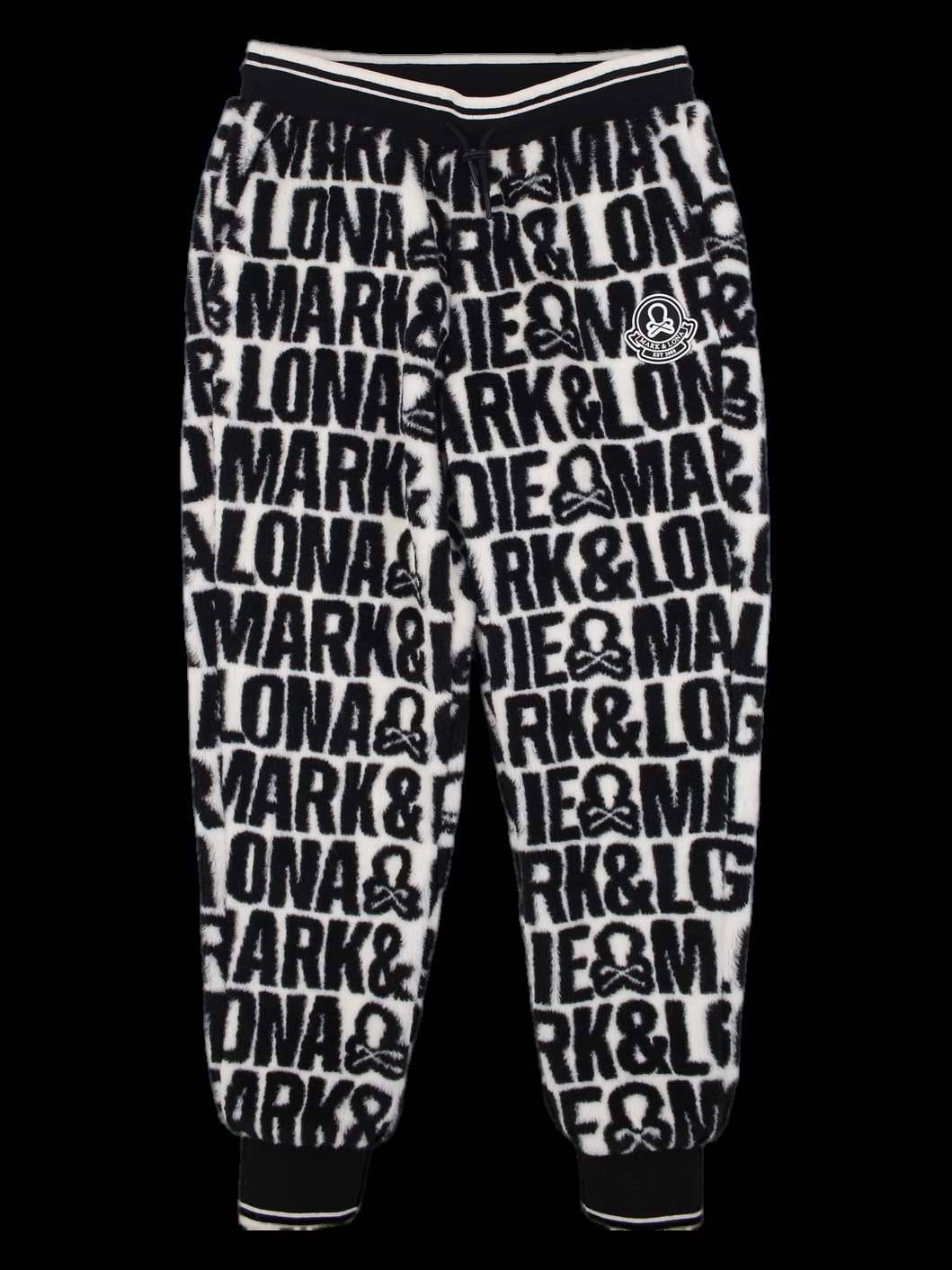 블랙/화이트 로고 패턴 플리스 조거 팬츠