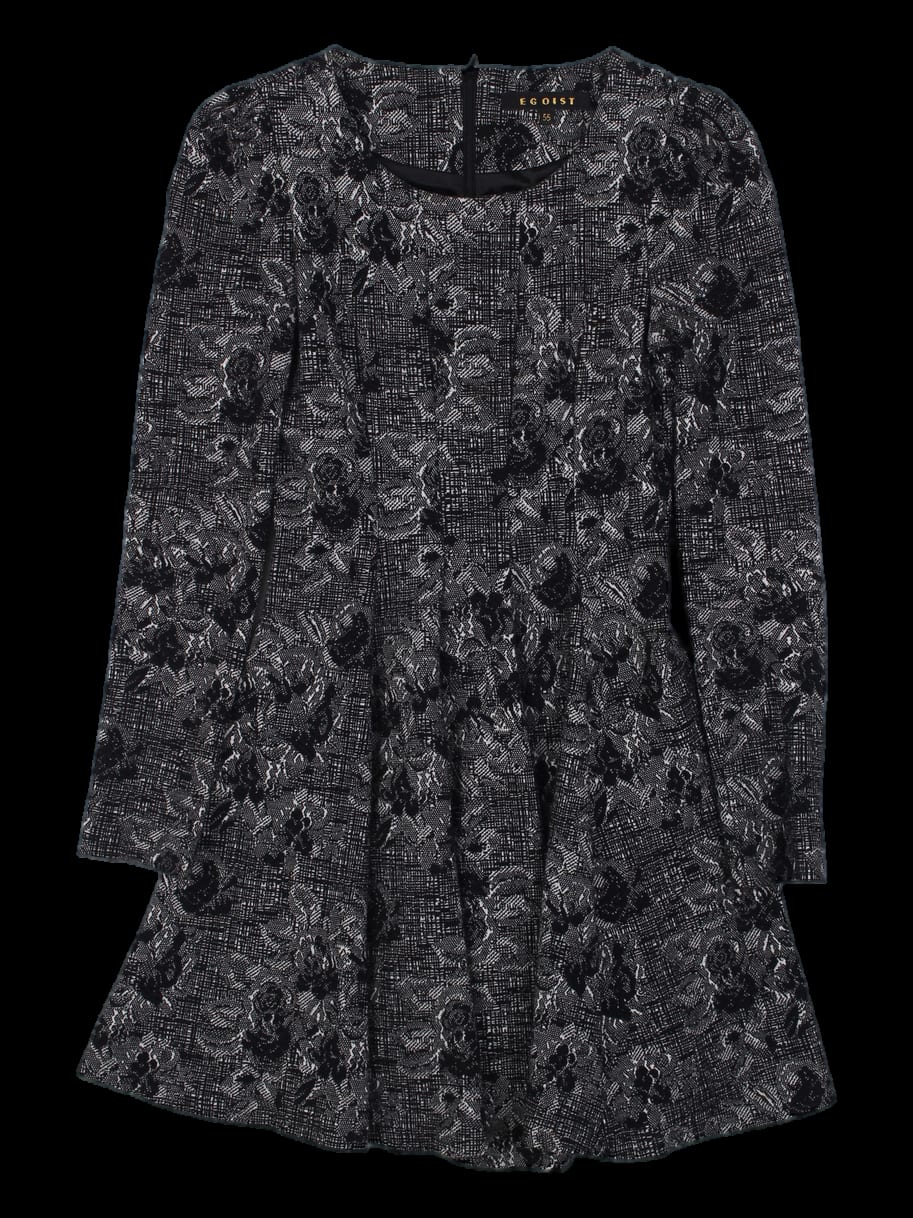 블랙 플로럴 자카드 긴팔 원피스
