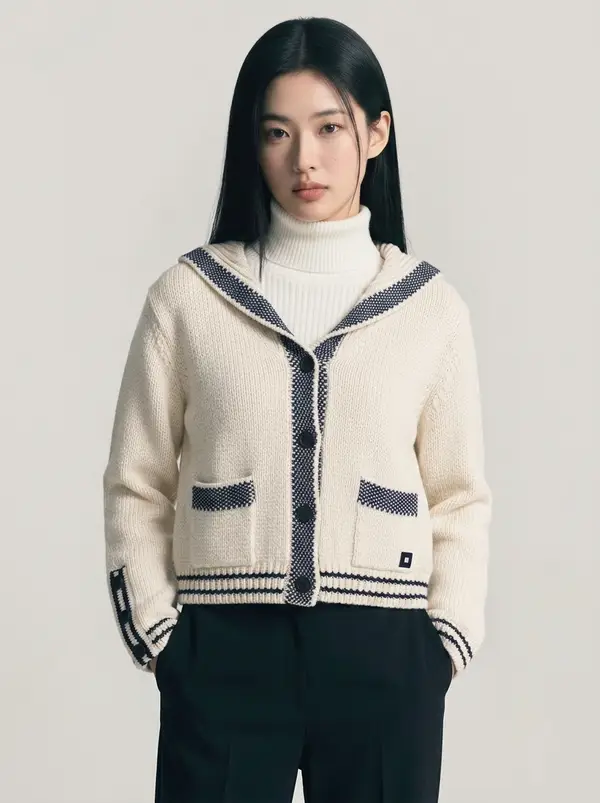 아이보리 세일러 칼라 배색 니트 가디건