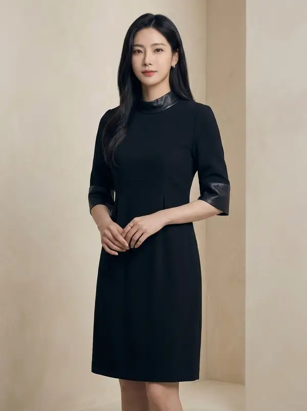 블랙 레더 배색 하이넥 반팔 원피스
