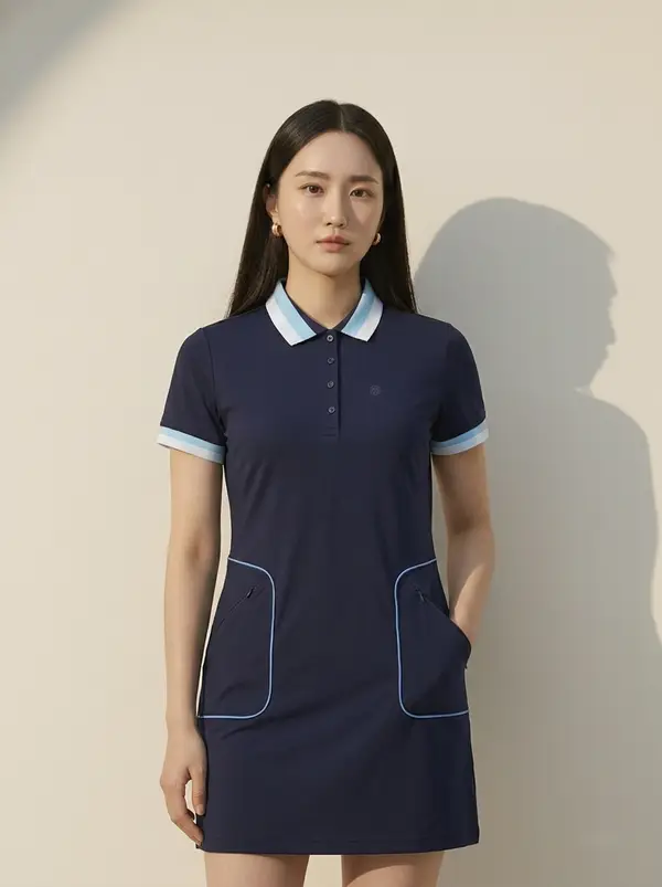네이비 컬러 배색 반팔 카라 원피스