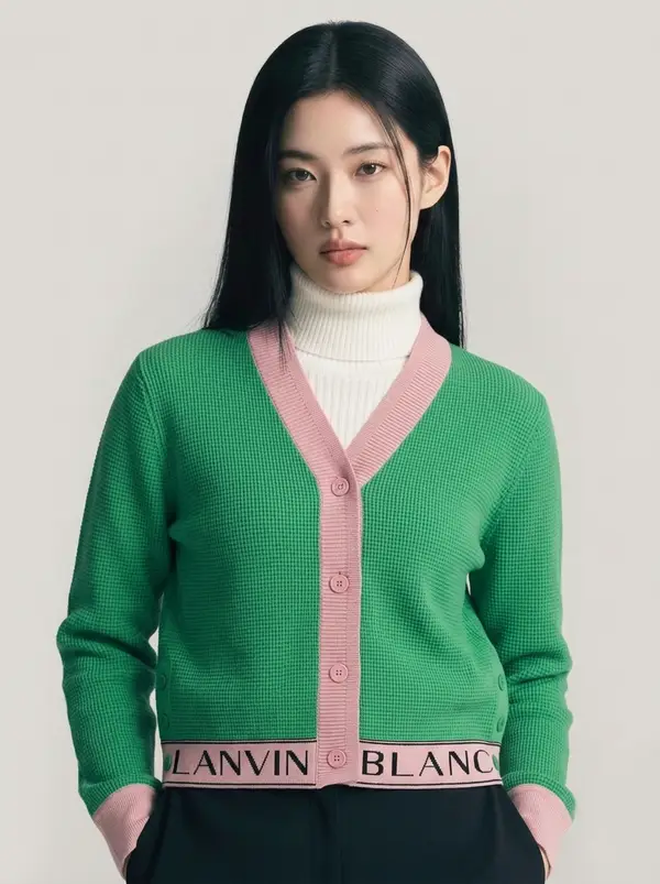 그린 핑크 배색 로고 밴드 카디건