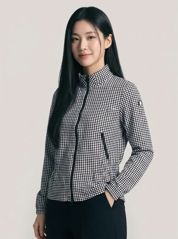 블랙 앤 화이트 픽셀 패턴 스탠드 카라 지퍼 업 바람막이 점퍼