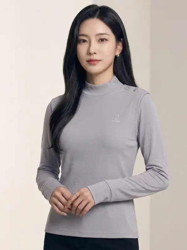 연베이지 배색 골지 하이넥 긴팔 티셔츠