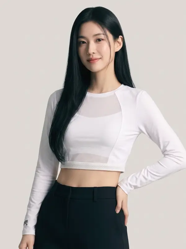 화이트 메시 믹스 크롭 긴팔 티셔츠