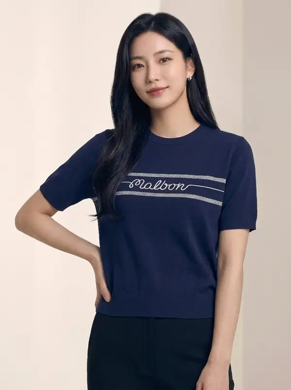 네이비 로고 반팔 니트