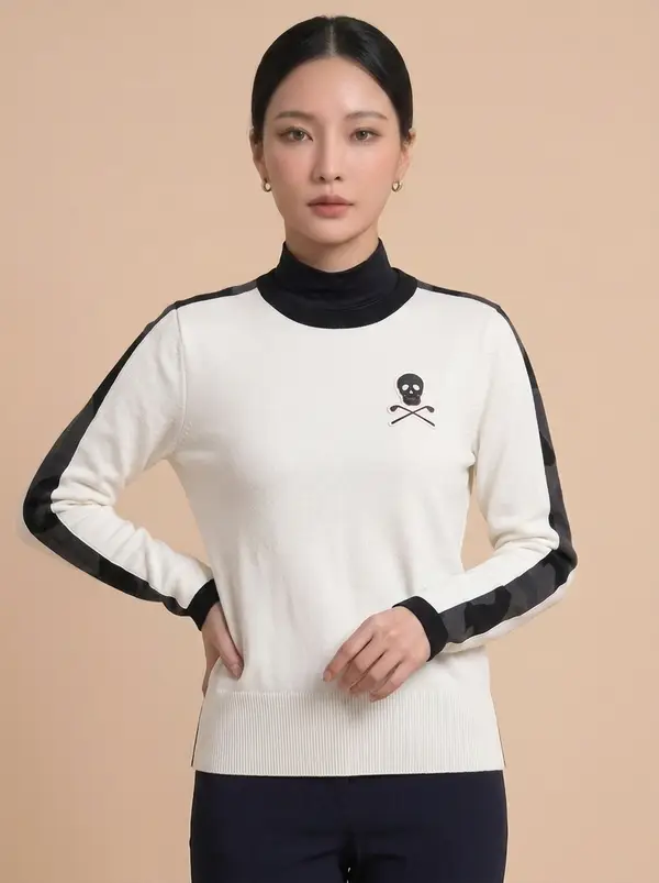 화이트 블랙 배색 카모플라쥬 긴팔 니트