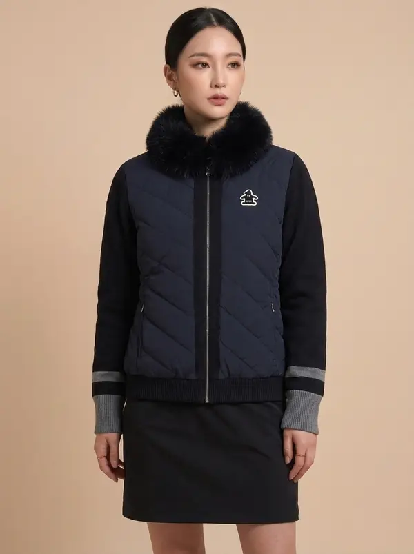 블랙 하이브리드 퍼 칼라 다운 자켓