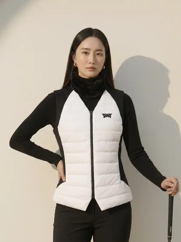 블랙/화이트 배색 퀼팅 지퍼 패딩베스트