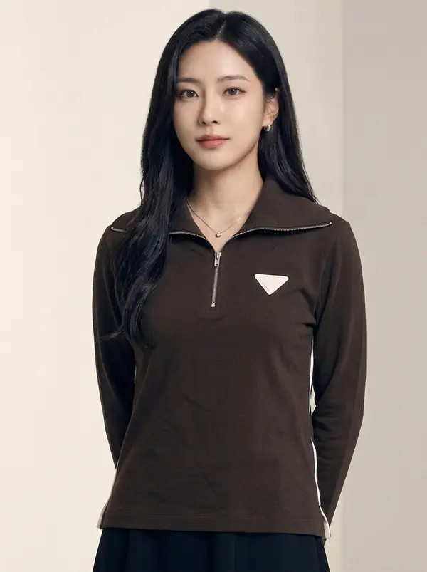 브라운 배색 하프 집업 긴팔 티셔츠