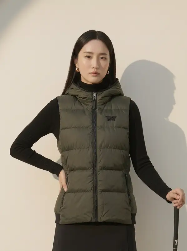 카키 후드 패딩 베스트