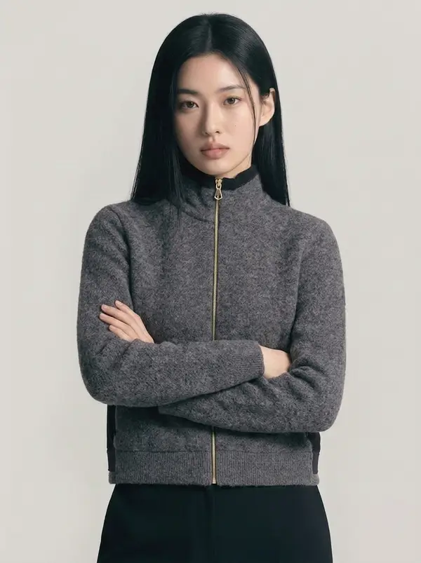 그레이 울 혼방 하이넥 풀집업 니트 자켓
